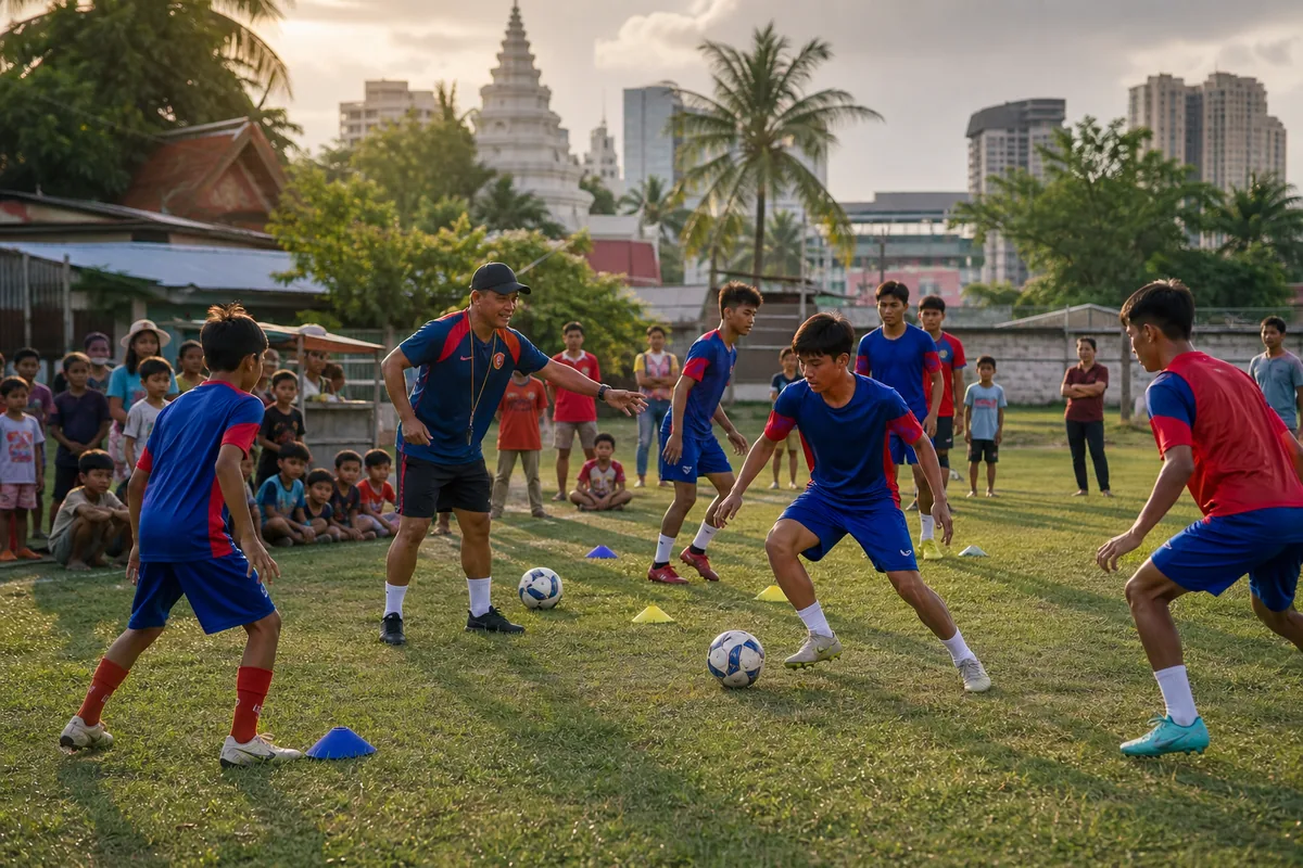 Fictional Cambodian youth and senior footballers training together on a lively community pitch