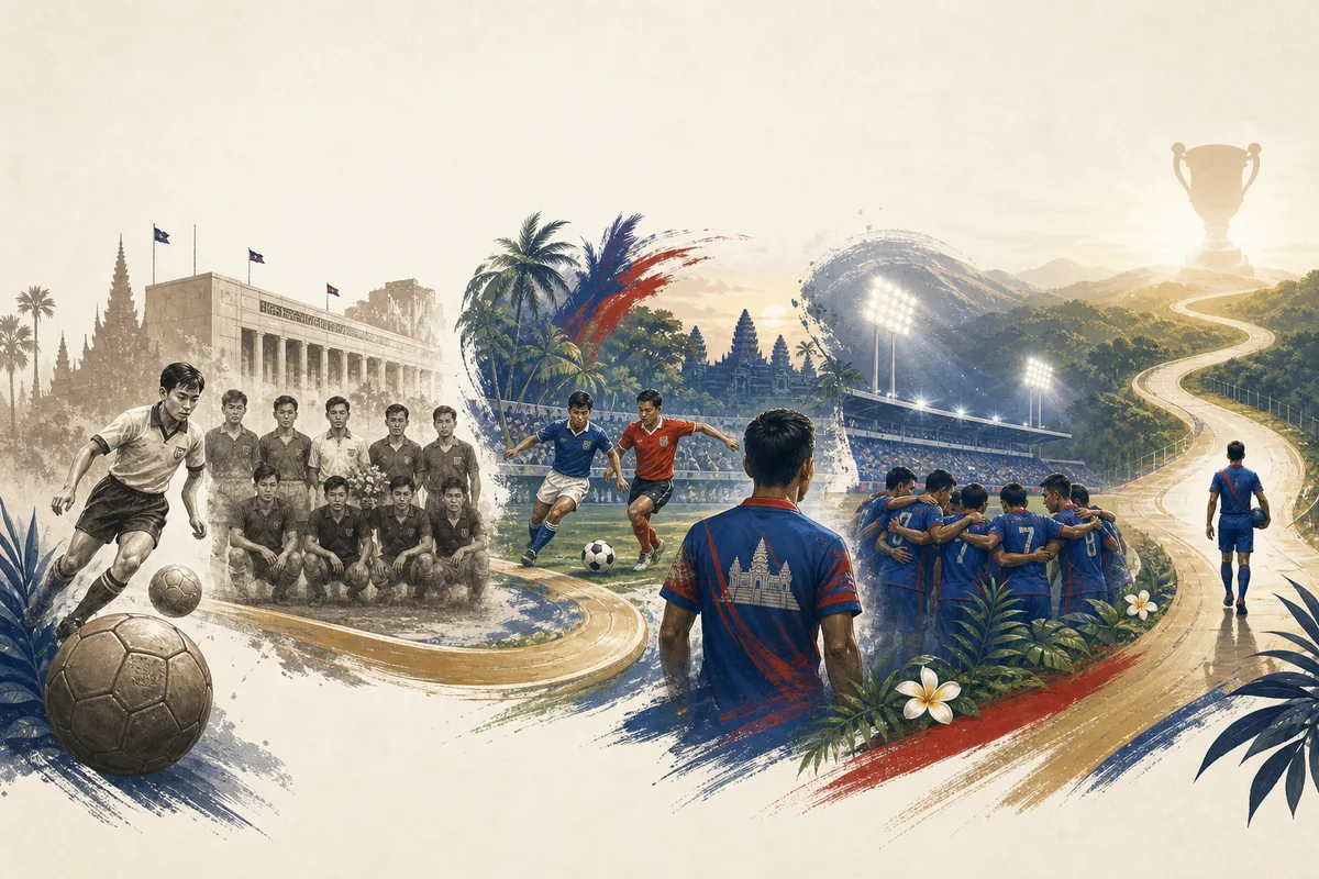 Text-free editorial timeline illustration of Cambodia's football journey from Asian Cup beginnings to the modern rebuild