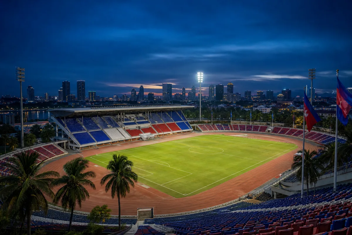 A Phnom Penh Olympic Stadium-inspired football ground prepared for an international match