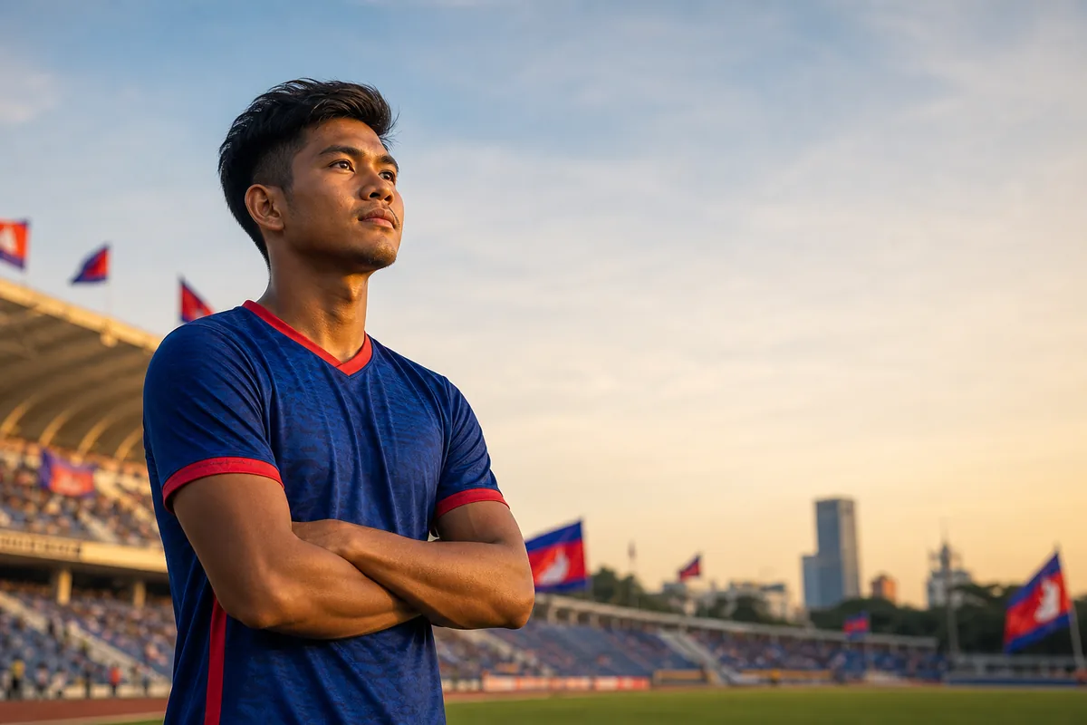 A fictional Cambodia national-team forward inspired by Chan Vathanaka standing before a Phnom Penh football stadium