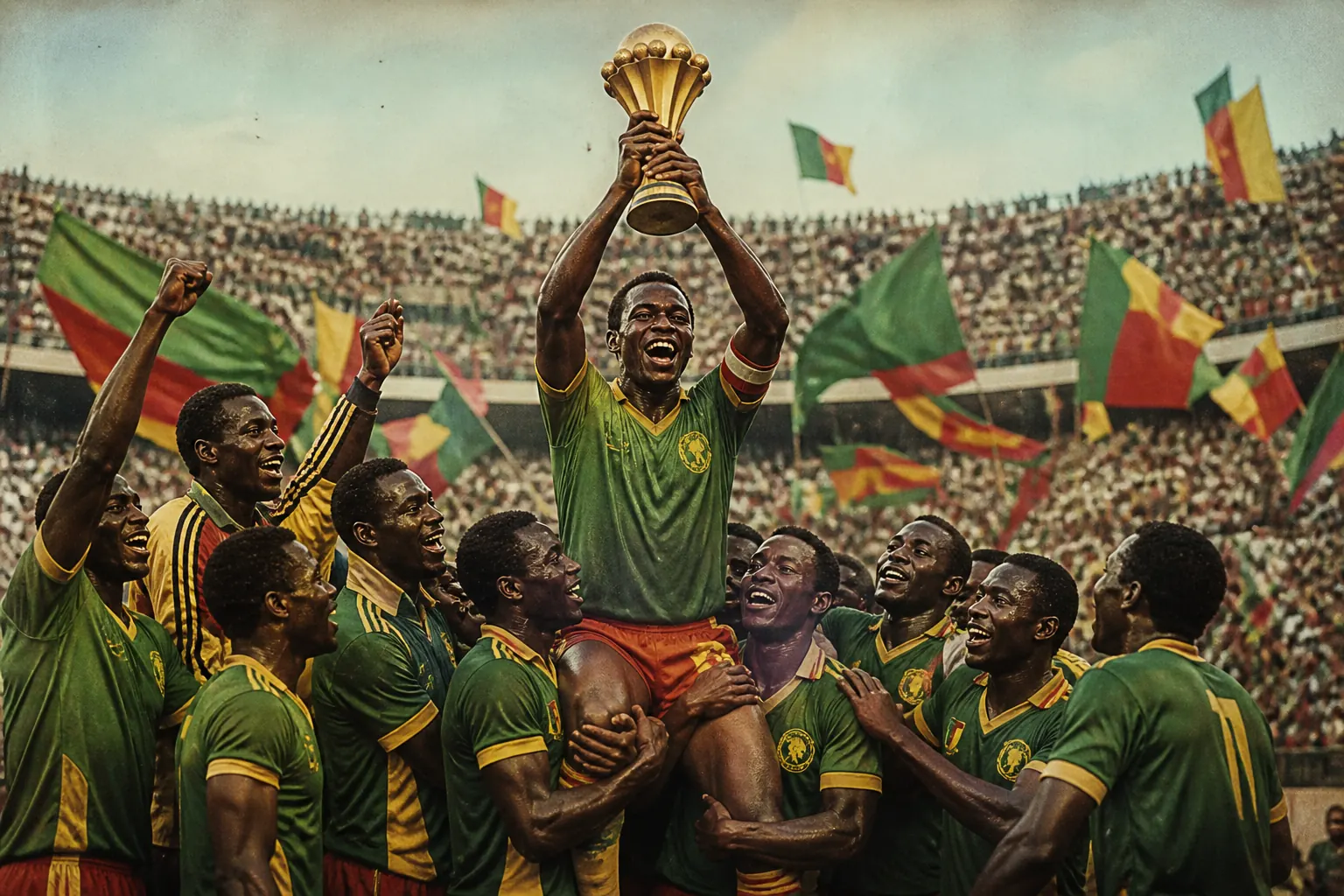 Fictional Cameroonian footballers celebrating their first AFCON title in 1984