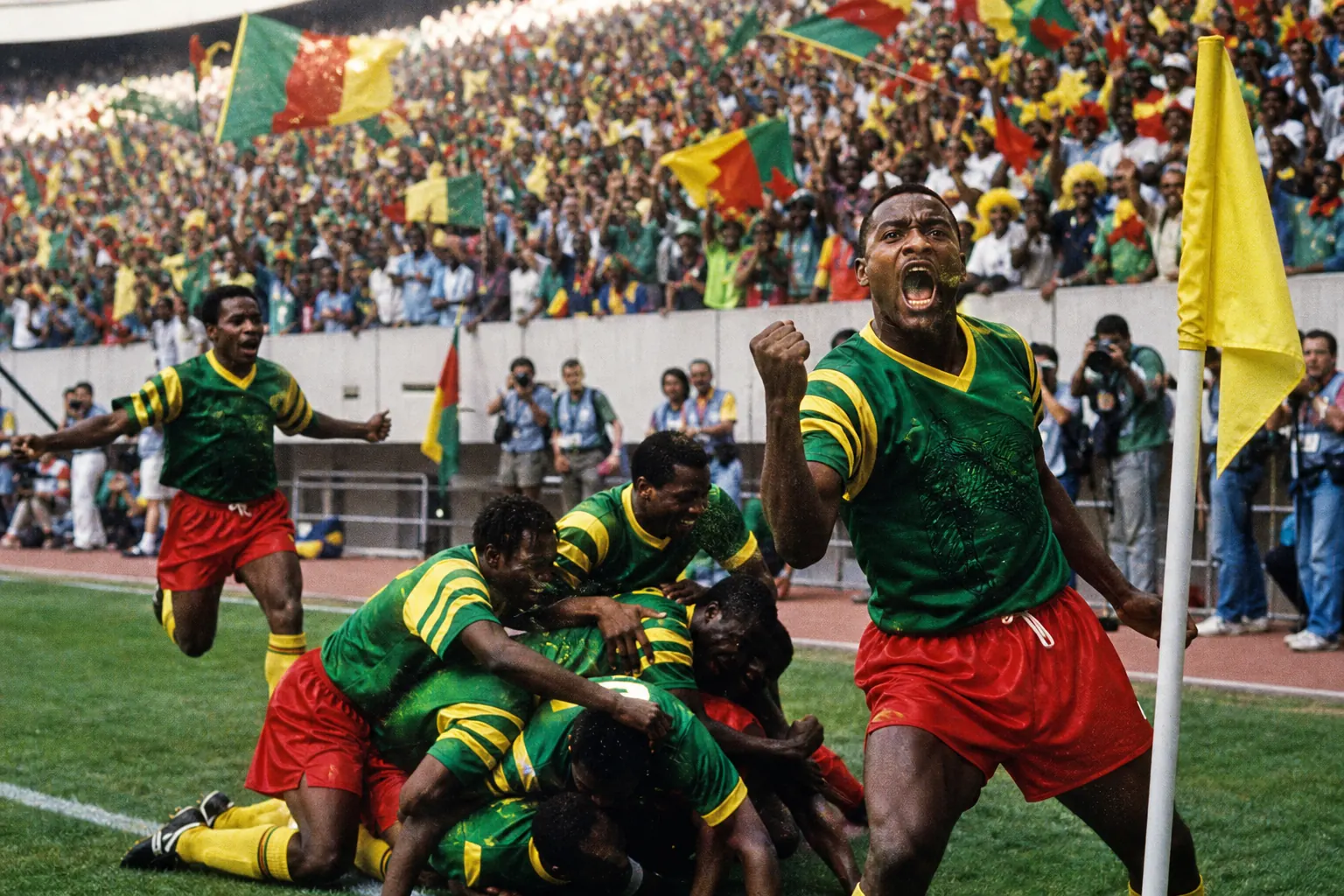 Fictional Cameroonian footballers celebrating their famous 1990 World Cup run