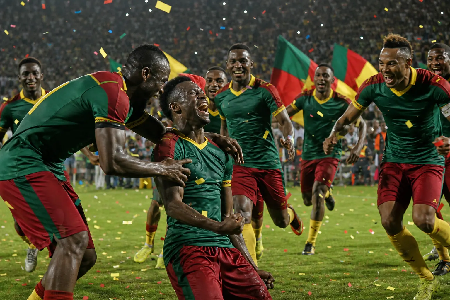 Fictional Cameroonian footballers celebrating the late winner in the 2017 AFCON final