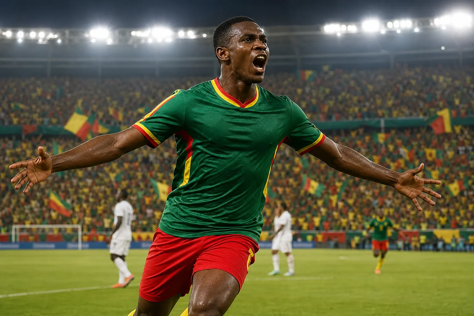 A fictional Cameroonian national-team star striker leading a powerful attack