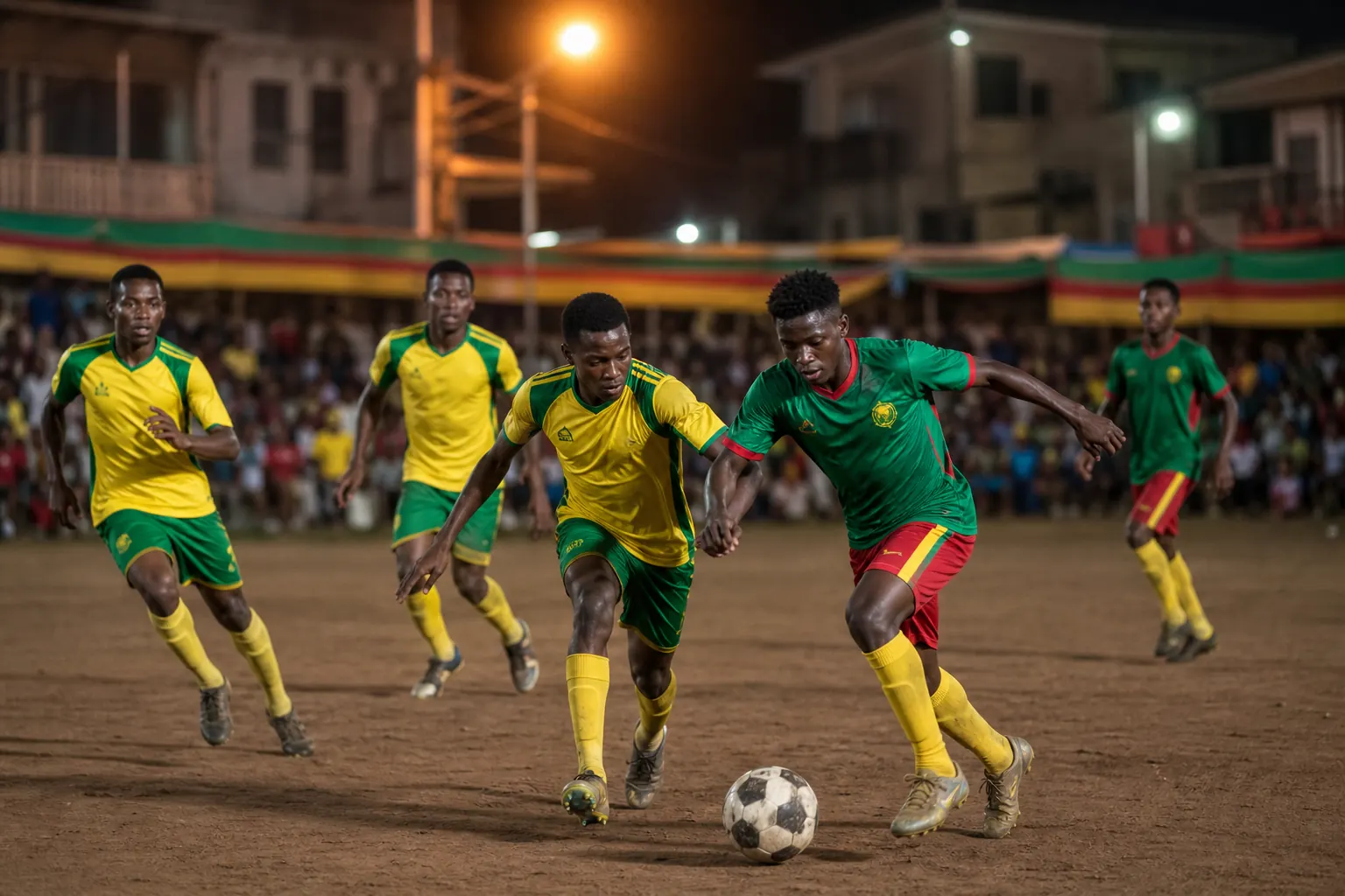 Young fictional Cameroonian footballers playing an energetic evening match in Yaoundé