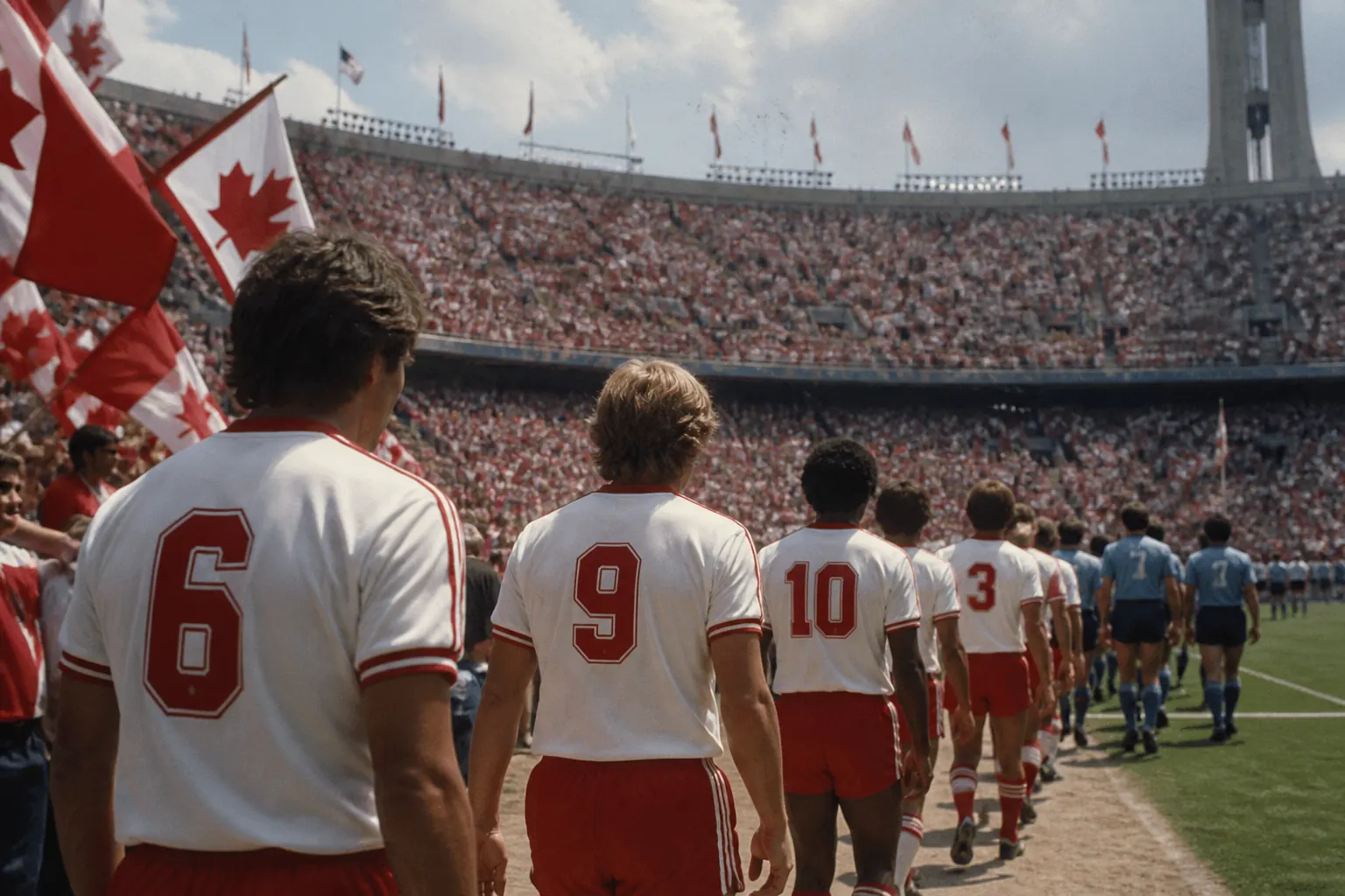 Fictional Canadian footballers walking onto their first World Cup pitch as hosts in 1986