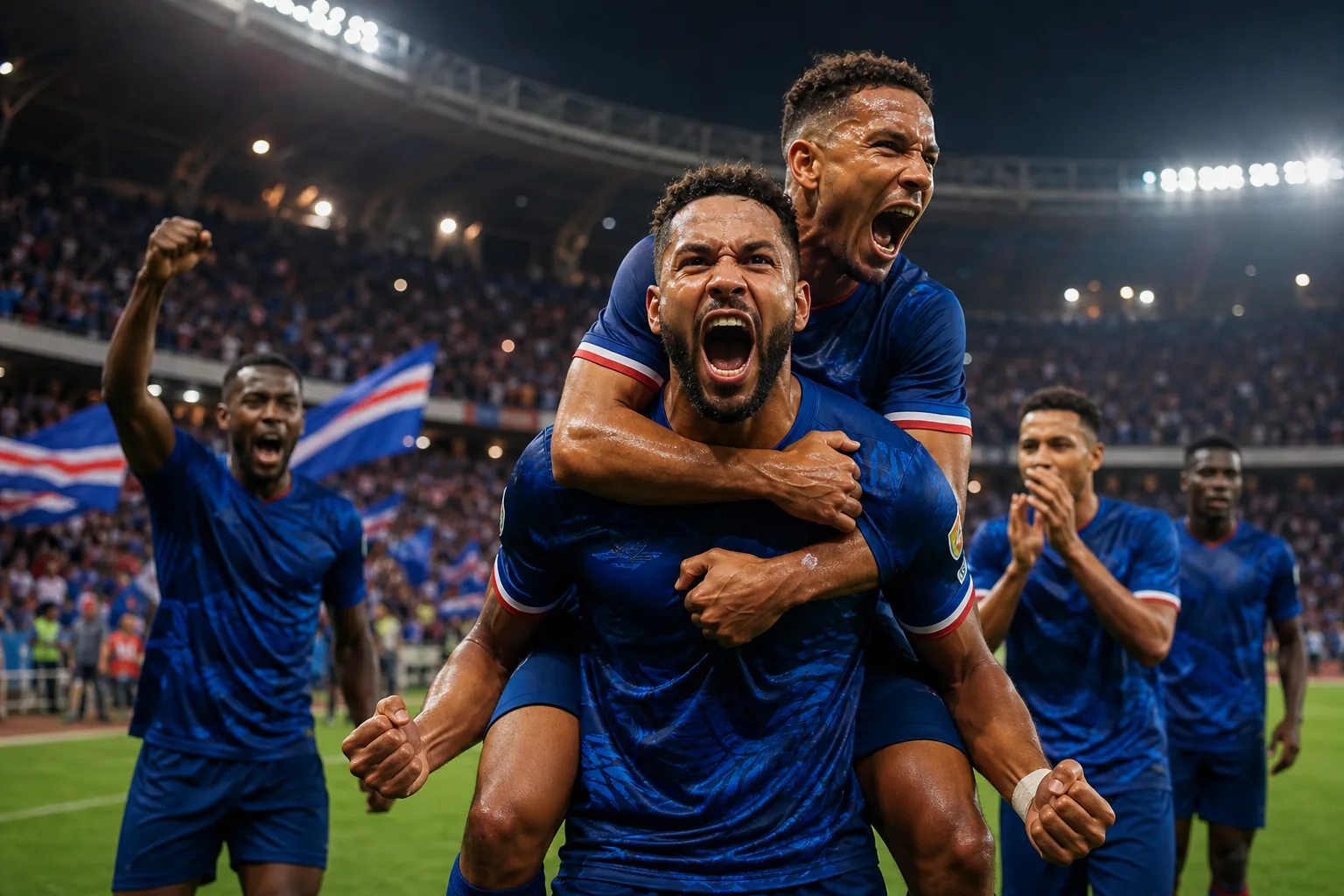 Cape Verde players walking onto a packed African stadium pitch during their historic 2013 AFCON run