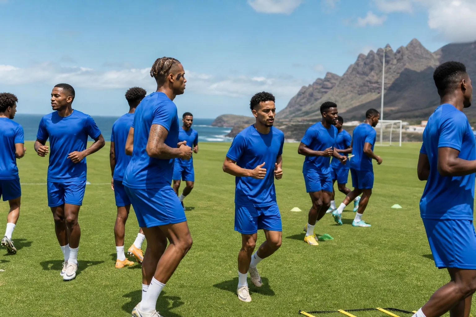 Cape Verde players celebrating a knockout victory in a dramatic fictional AFCON stadium scene