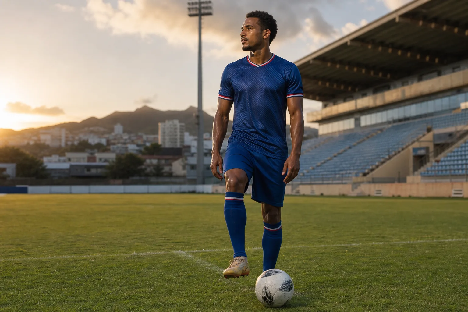 A fictional editorial portrait of Cape Verde international forward Ryan Mendes on a football ground in Praia