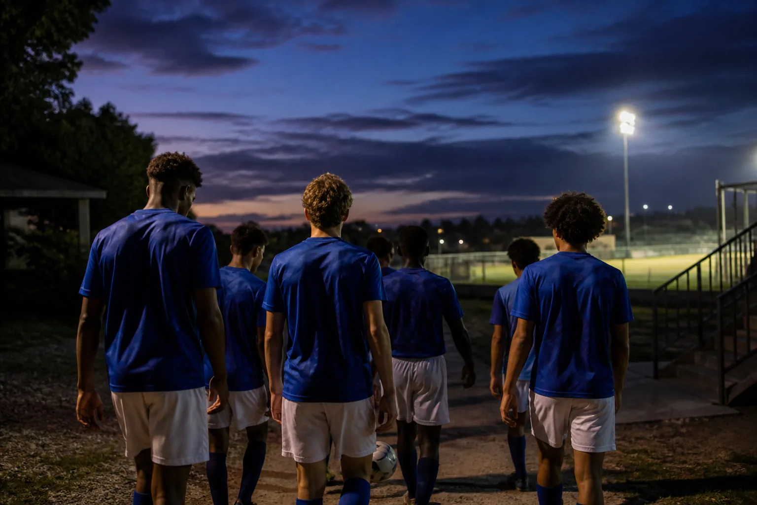 Young Cayman Islands footballers walking toward a floodlit pitch at twilight