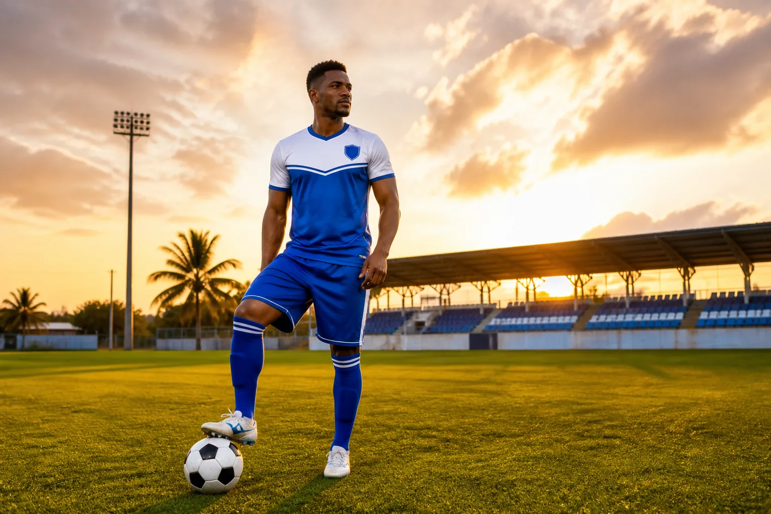A fictional editorial portrait of Cayman Islands football legend Lee Ramoon on an island football ground