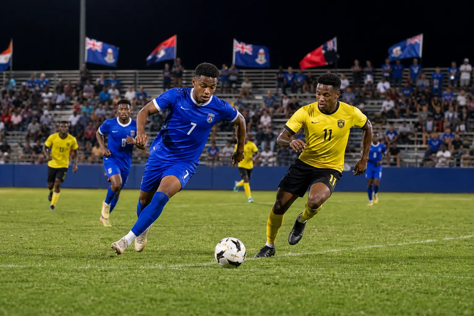 Cayman Islands players competing in an intense fictional CONCACAF Nations League match