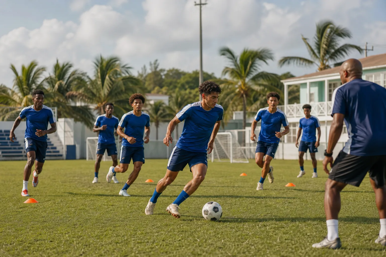Cayman Islands national-team players training together on a compact Caribbean football ground