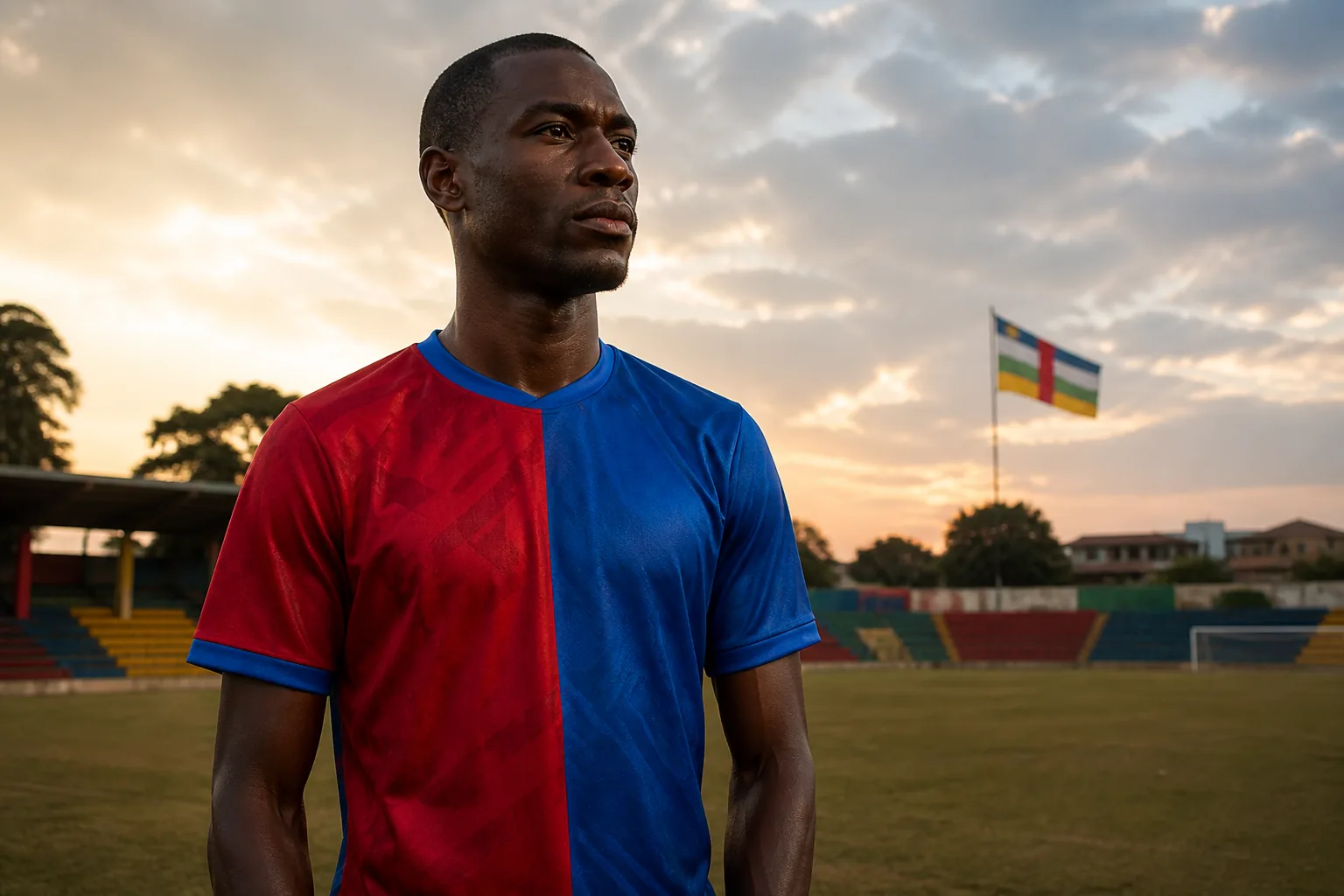 A fictional editorial portrait of Geoffrey Kondogbia-inspired Central African Republic midfielder on a Bangui football ground