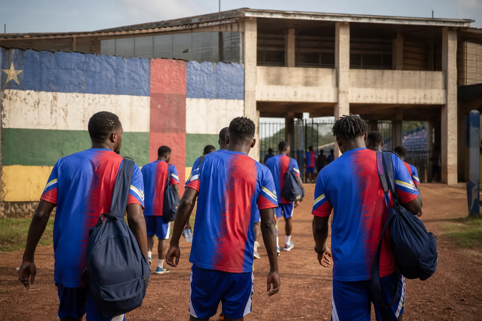 Central African Republic national-team players preparing to enter a stadium for a difficult African qualifying campaign