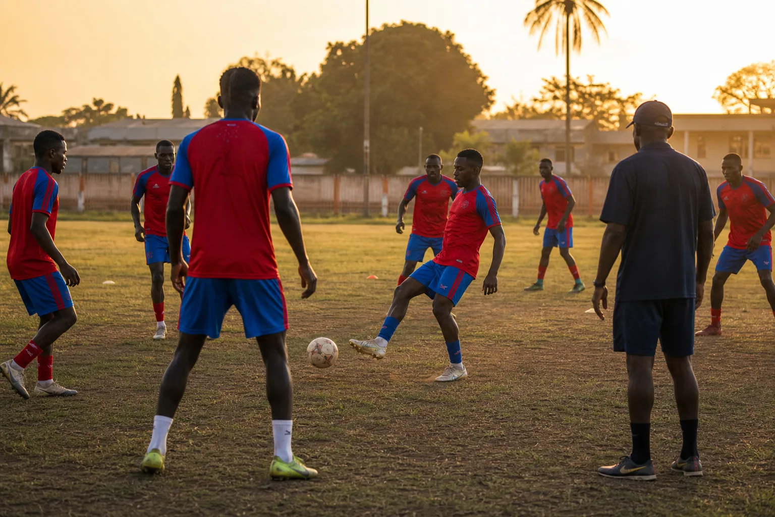 Central African Republic national football team training together on a modest Bangui football ground