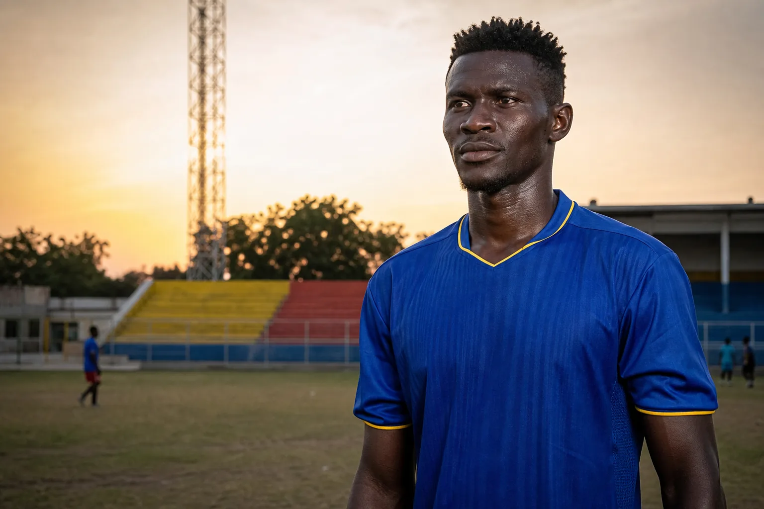 A fictional editorial portrait of Chadian striker Ezechiel N'Douassel on a football ground in N'Djamena