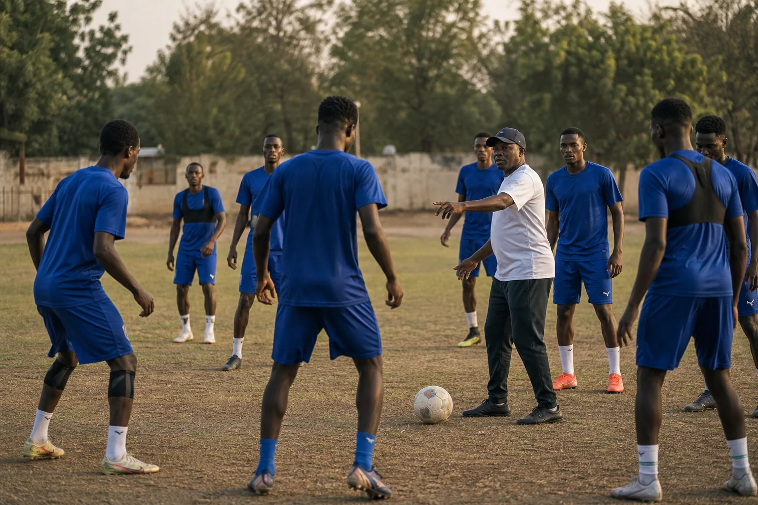 Chad's Sao national football team training together on a dusty football ground in N'Djamena