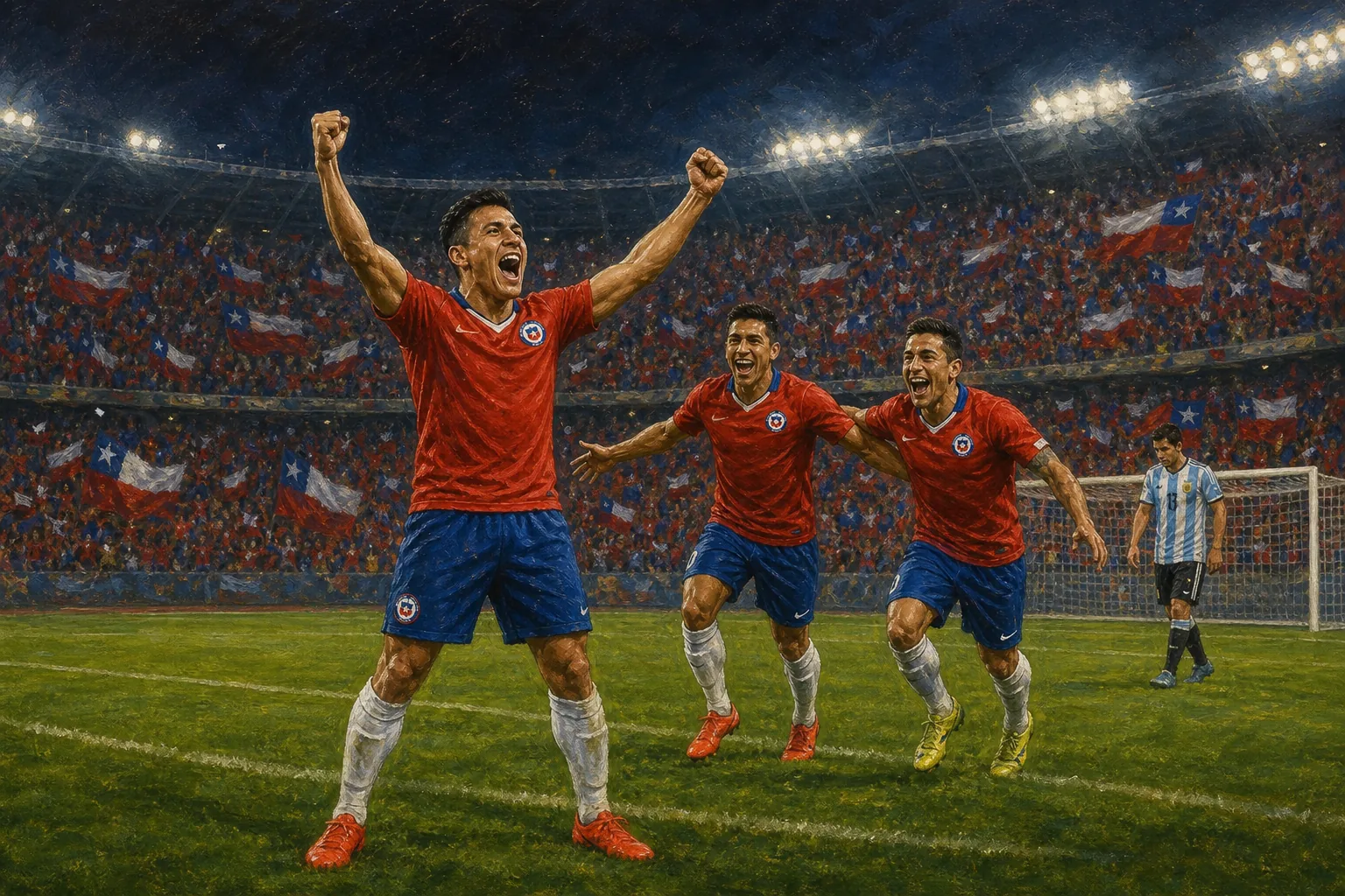 Fictional Chile players celebrating the 2015 Copa América title after a penalty shootout against Argentina
