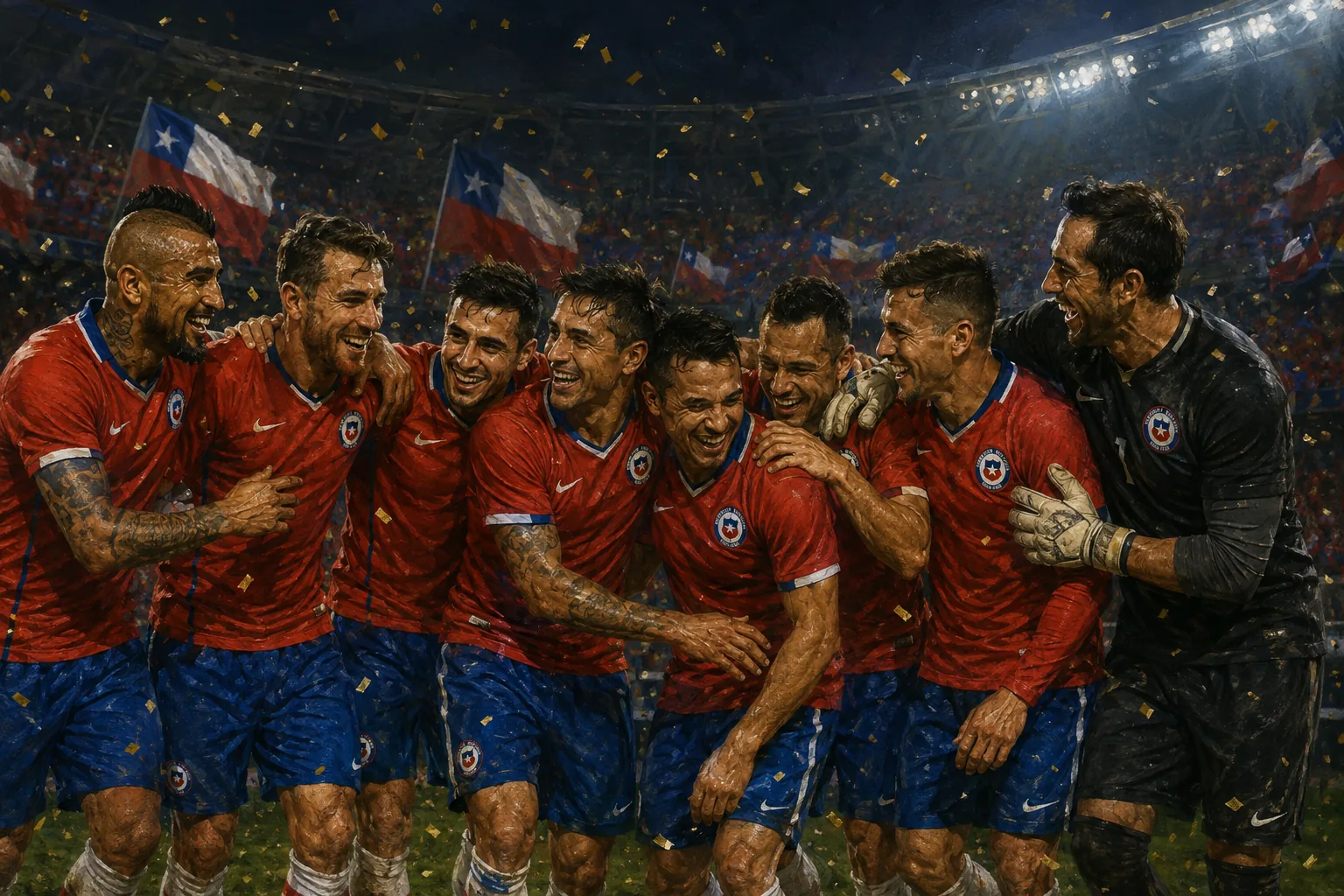 Fictional Chile players celebrating back-to-back 2016 Copa América success after another tense final