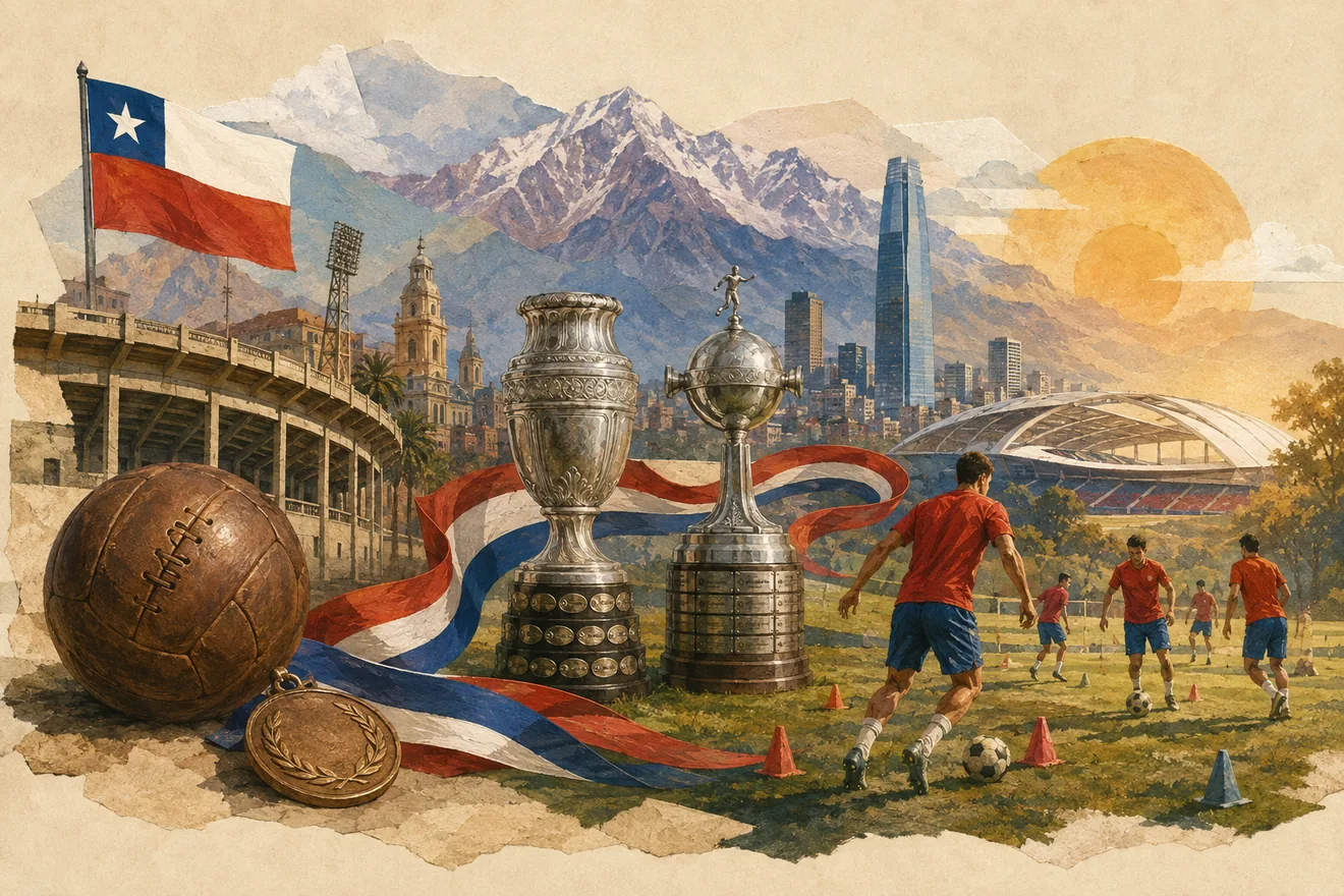 Text-free editorial timeline illustration of Chile's 1962 World Cup bronze, 2015 and 2016 Copa América titles, later absences and third-title target