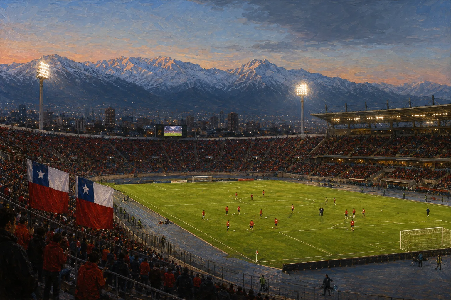 A Santiago football stadium-inspired ground at dusk with red-and-blue flags, the Andes mountains and a bright green pitch