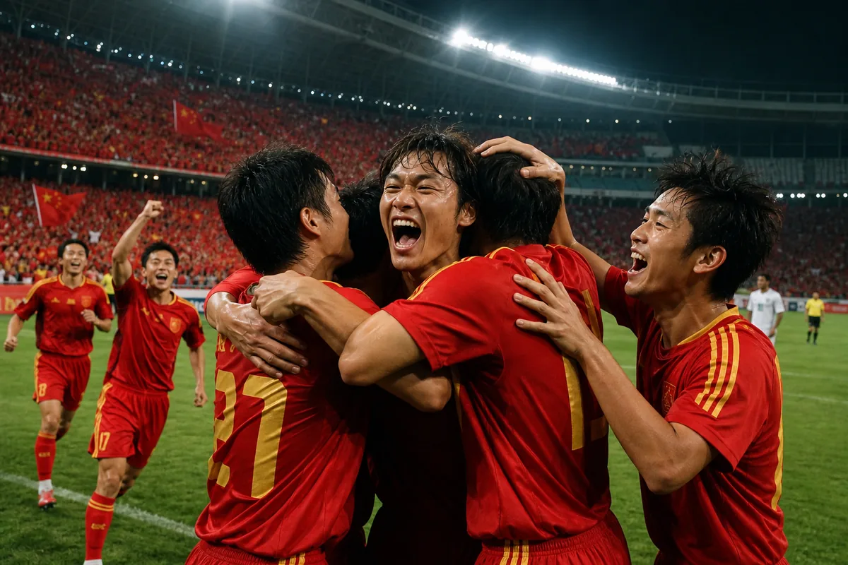 Fictional China players celebrating their 2004 Asian Cup semifinal victory before the home final