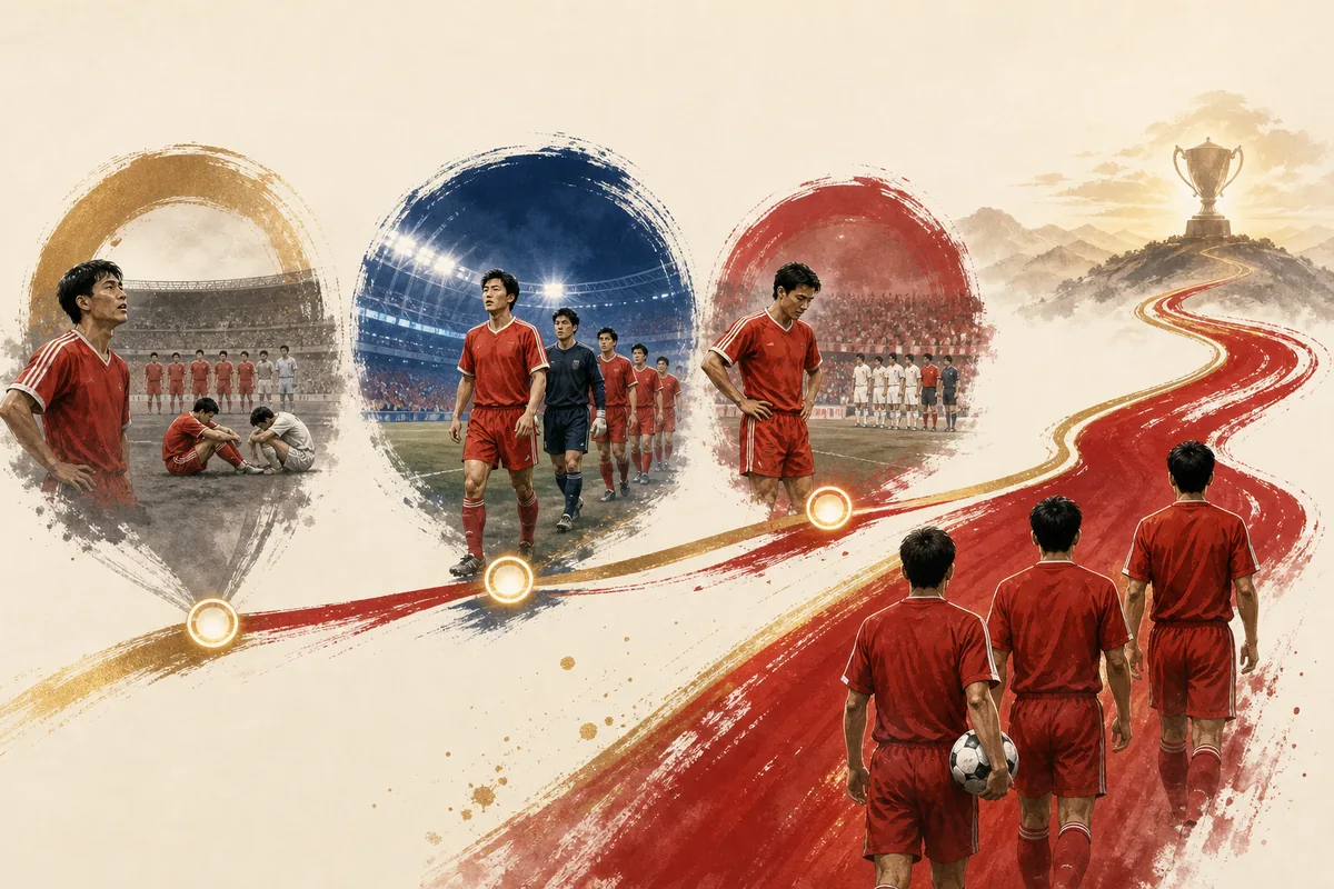 Text-free editorial timeline illustration of China's 1984 and 2004 Asian Cup finals and 2002 World Cup debut