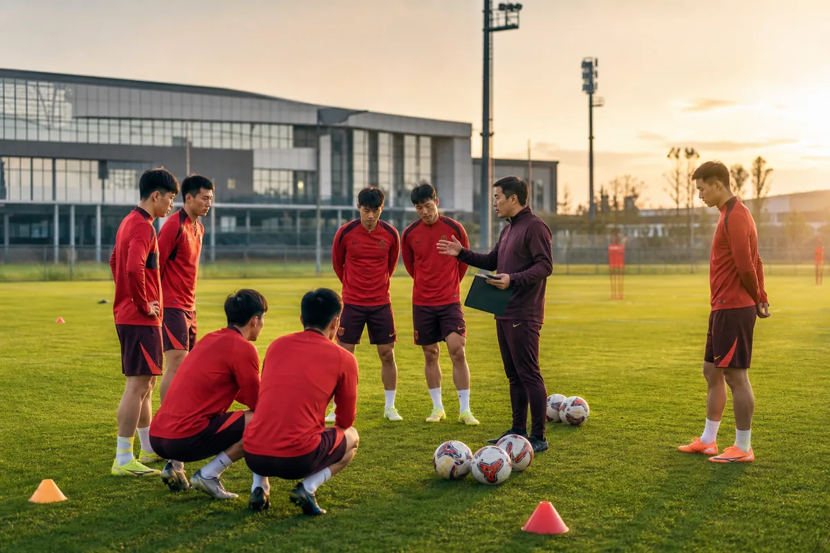 Fictional Chinese national-team players and coach working through a focused tactical session