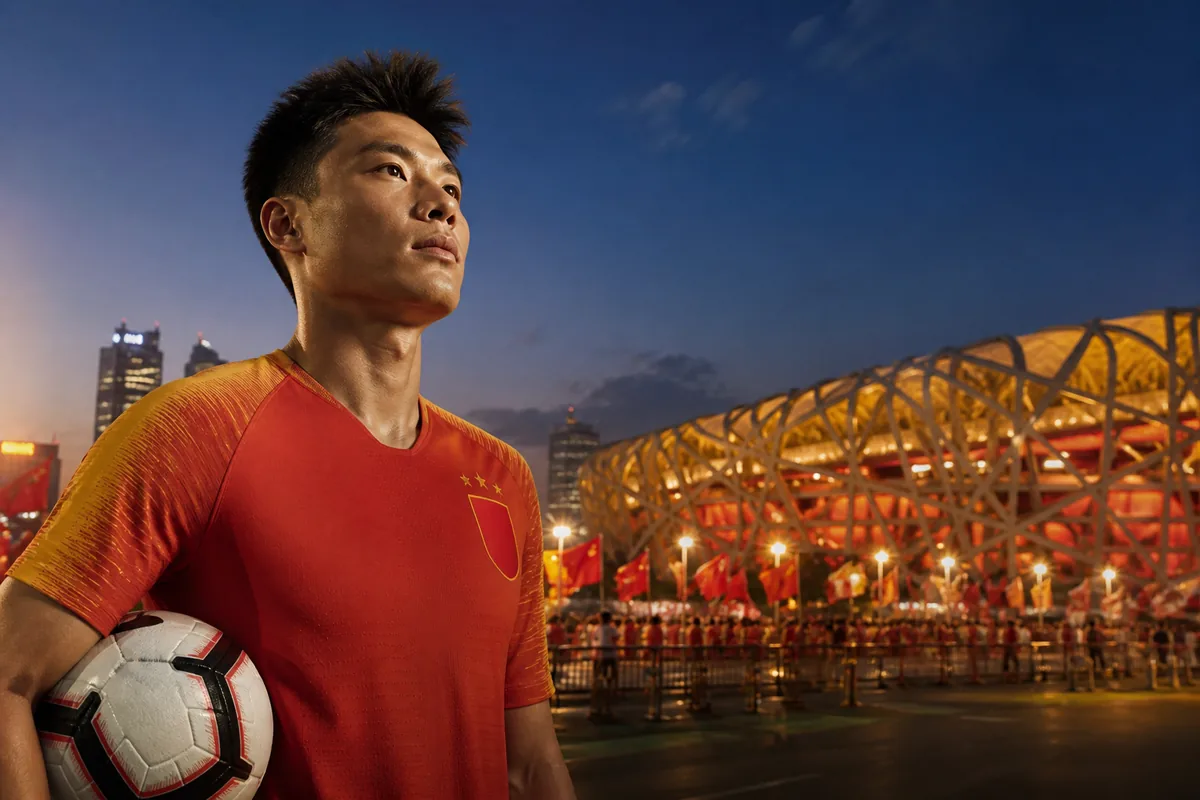 A fictional China national-team forward inspired by Wu Lei standing before a Beijing stadium with red-and-gold flags