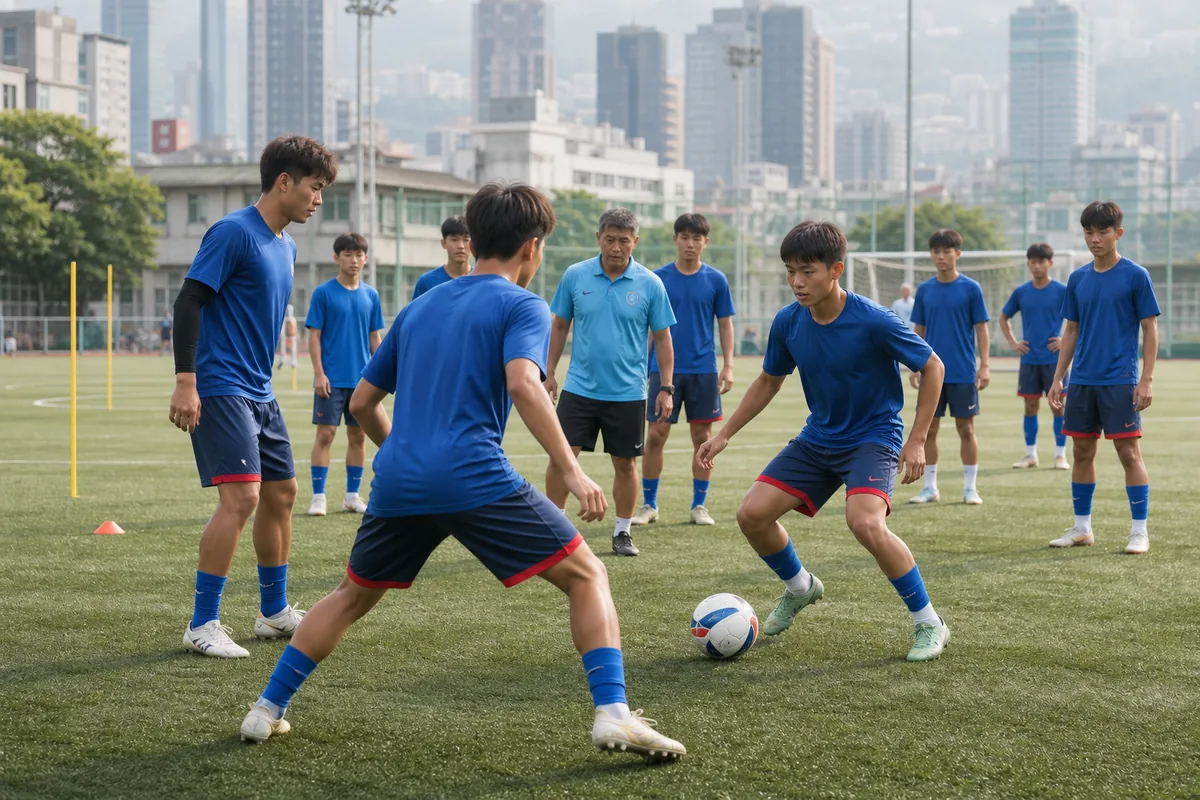 Fictional Chinese Taipei youth and senior footballers training together on a modern urban pitch