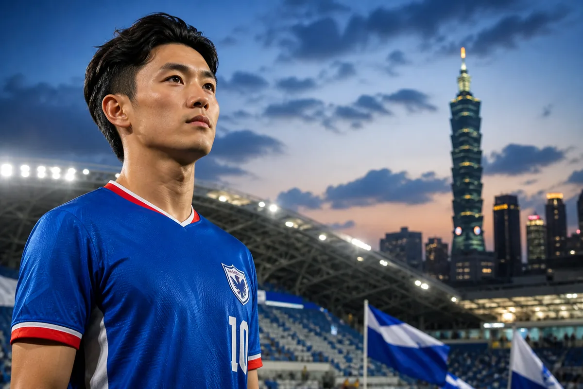 A fictional Chinese Taipei national-team midfielder inspired by Chen Po-liang standing before a Taipei stadium with blue-and-white flags