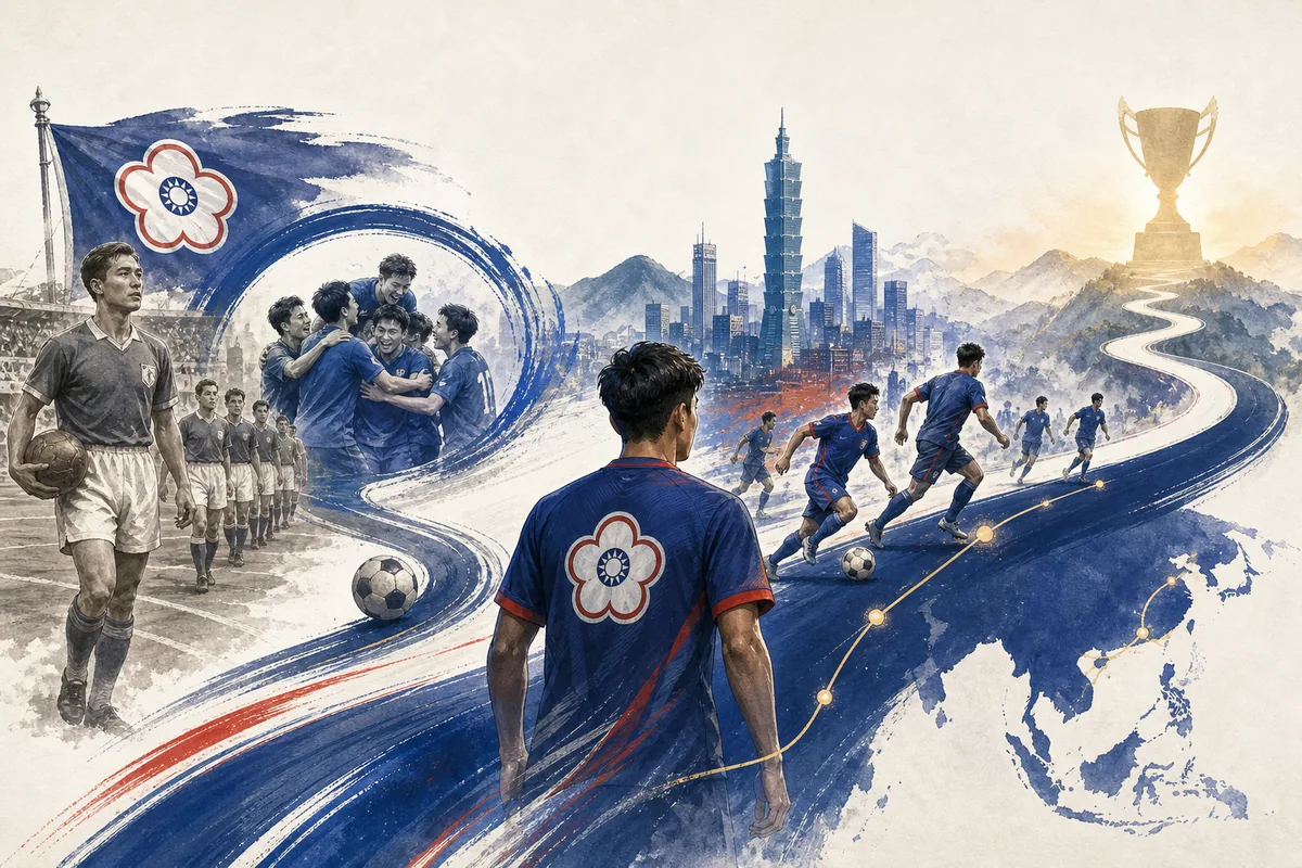 Text-free editorial timeline illustration of Chinese Taipei's historic Asian Cup participation and modern AFC qualifying journey