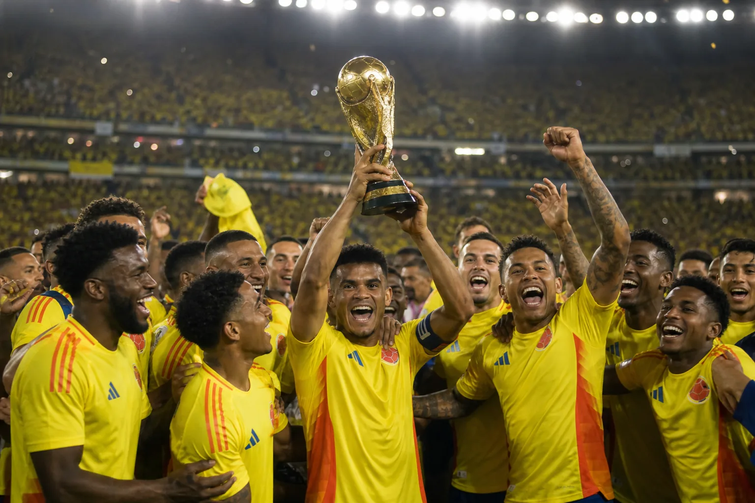 Colombian footballers celebrating a Copa America title on home soil with a gold continental trophy