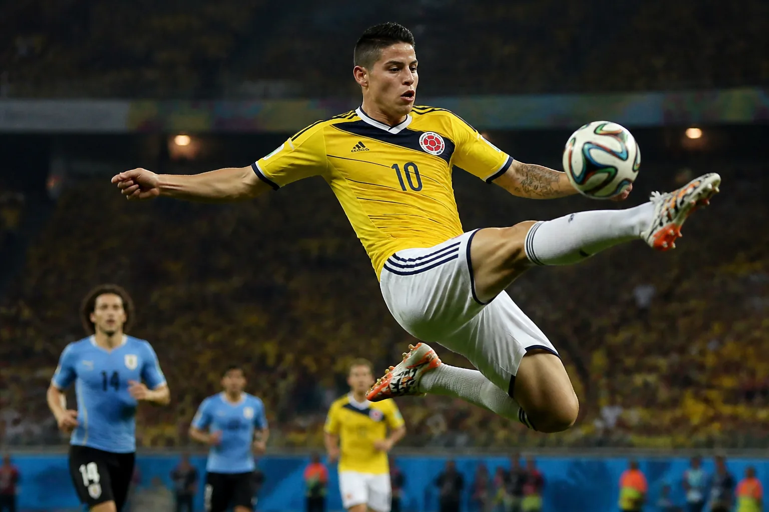 A James Rodriguez-inspired Colombian player striking a spectacular volley in a World Cup match