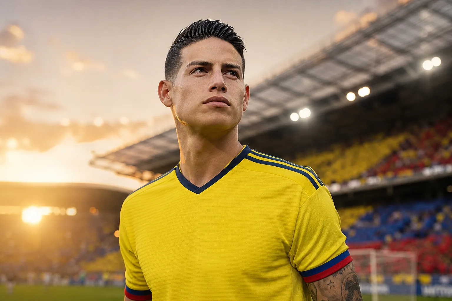 A fictional editorial portrait of James Rodriguez-inspired Colombian playmaker in a yellow national-team kit