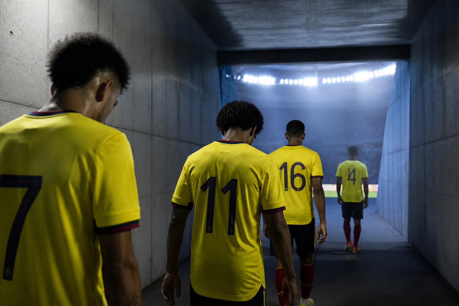 Colombian footballers walking toward a World Cup quarter-final stadium tunnel with an unfinished semi-final dream