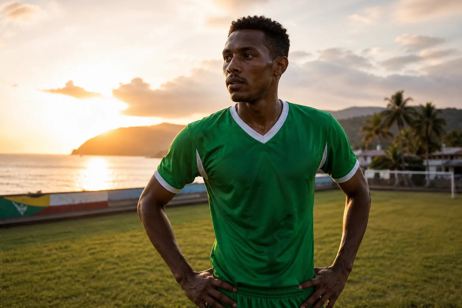 A fictional editorial portrait of Comorian forward El Fardou Ben Nabouhane on an island football ground