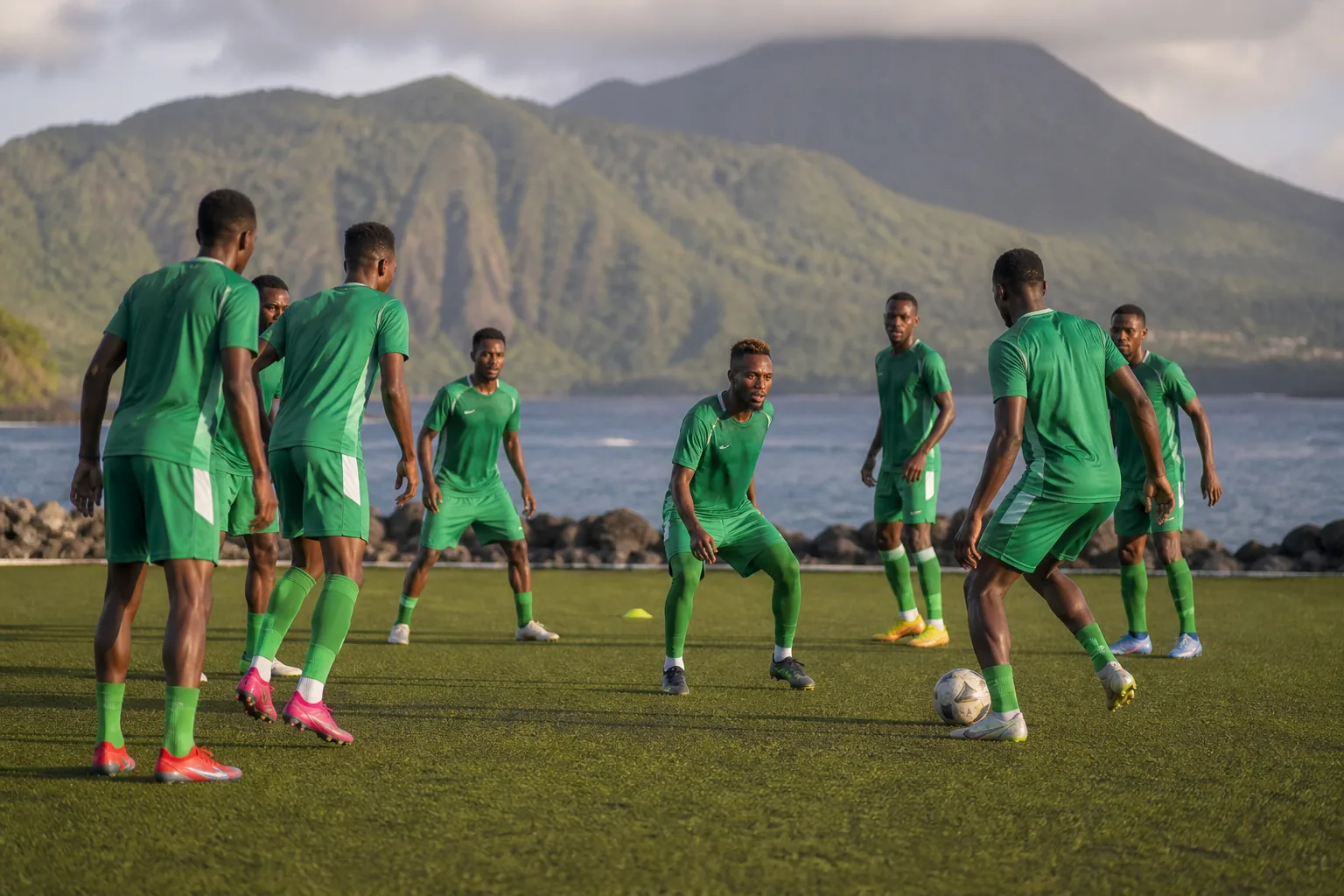 Comoros national football team training together on a compact island pitch with volcanic hills behind