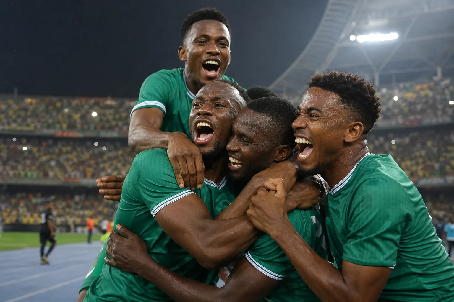 Comoros players celebrating a dramatic AFCON victory over Ghana under stadium lights