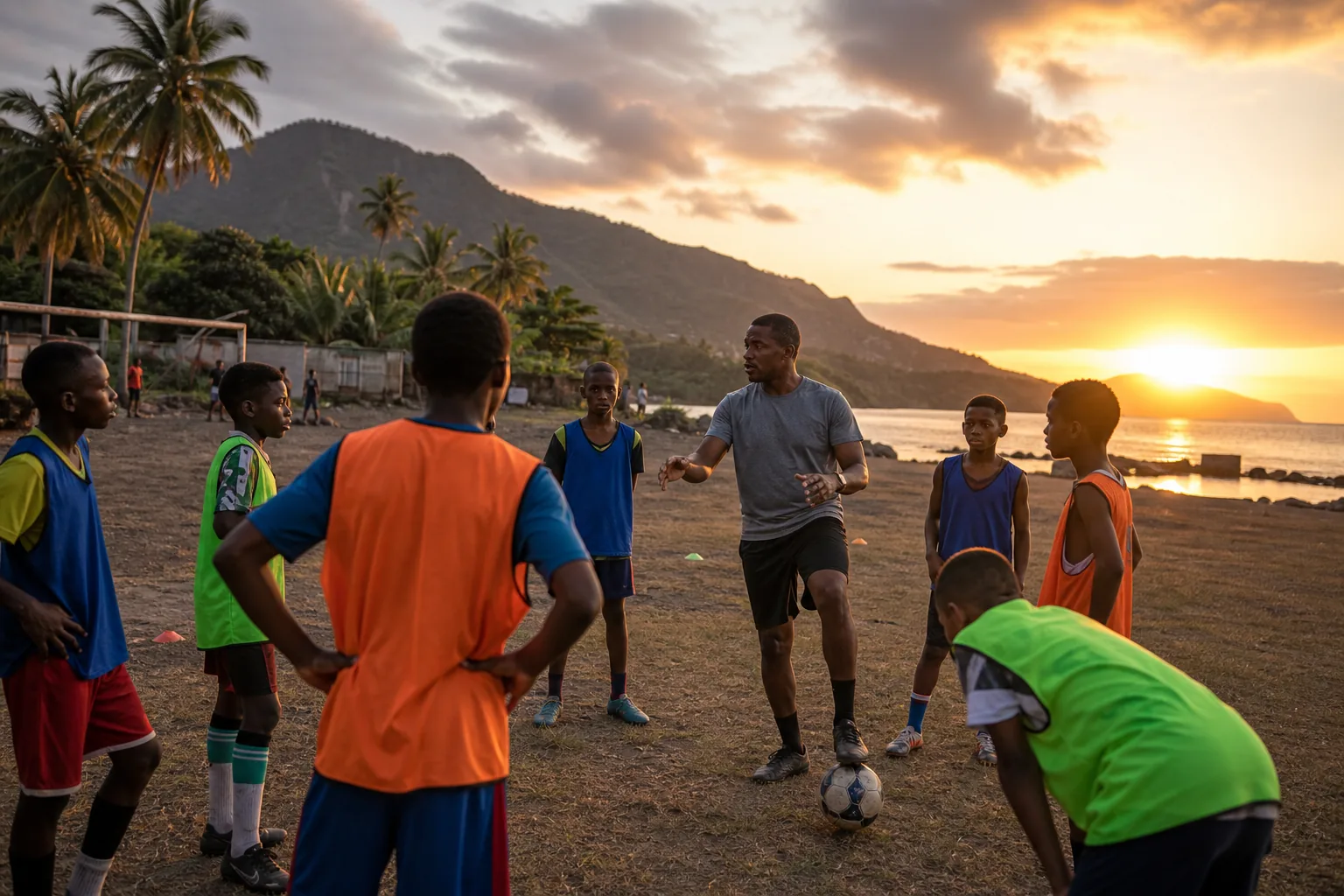 Young Comorian footballers training at sunset beside a coastal community pitch
