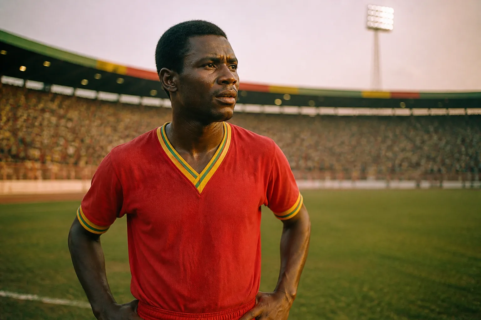 A fictional editorial portrait of Congo football legend Francois M'Pele in a red national-team kit