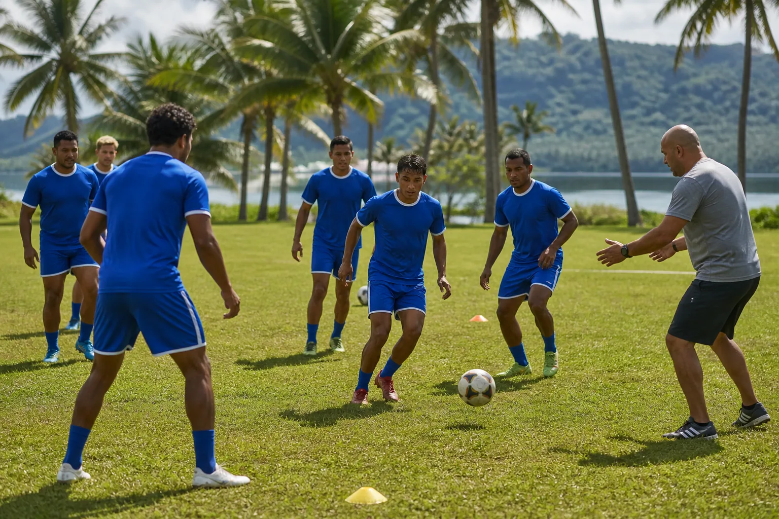 Cook Islands national football team training together on a compact tropical island pitch