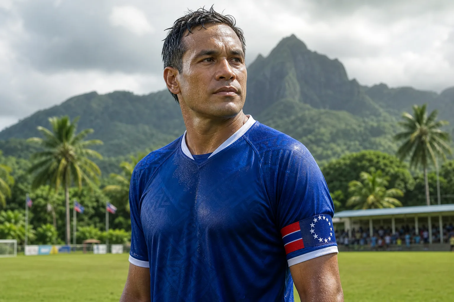 A fictional editorial portrait of Cook Islands captain Tony Jamieson on a tropical Rarotonga football ground