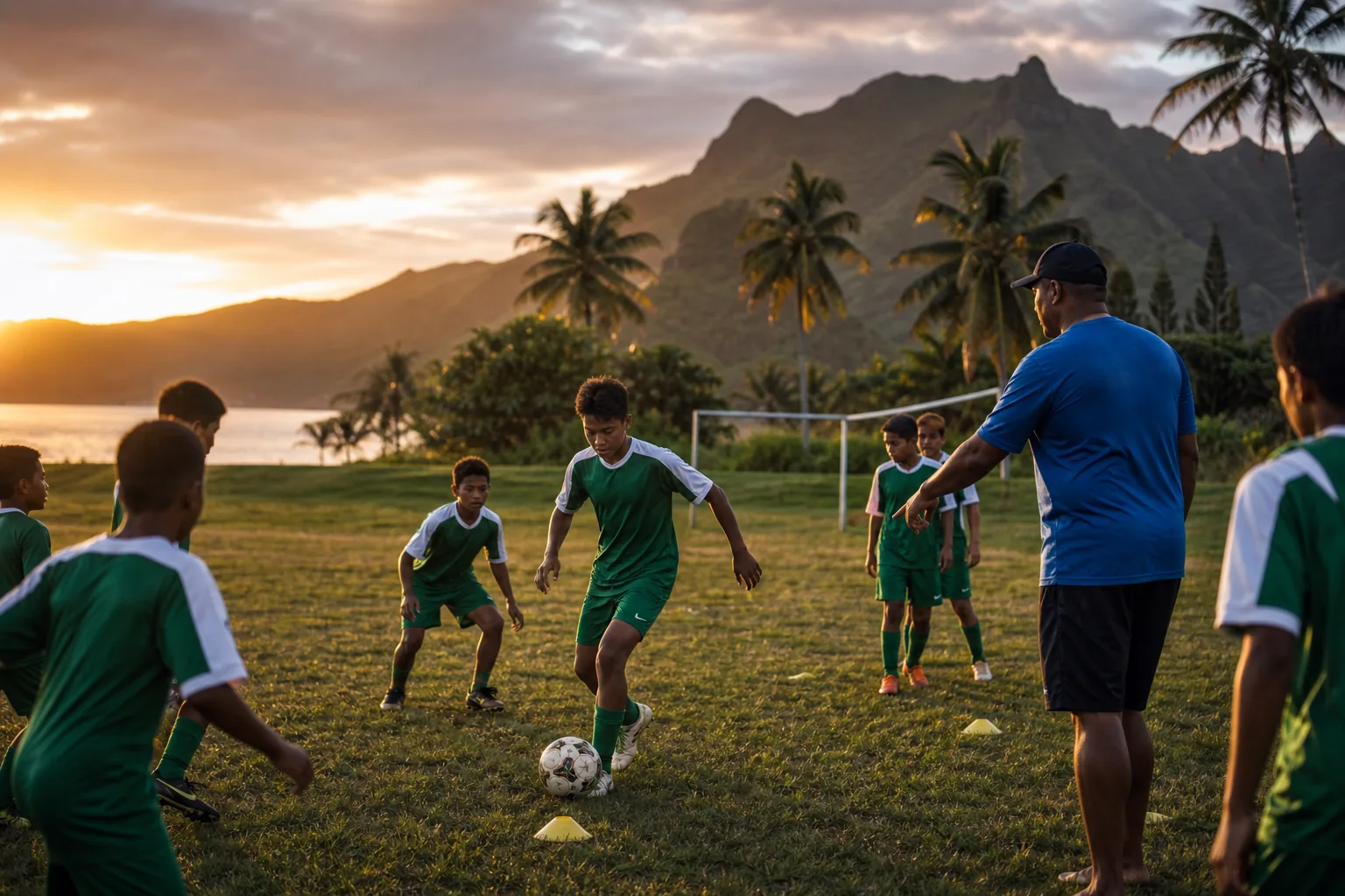 Young Cook Islands footballers training at sunset on a coastal community pitch