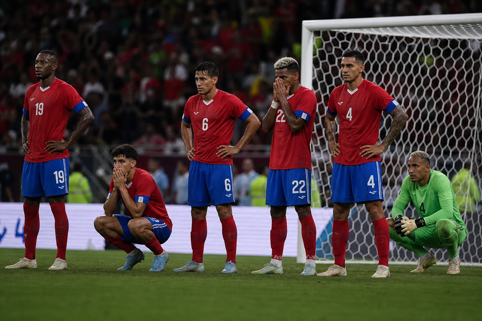 Costa Rica players celebrating a 2014 World Cup group-stage victory in a packed stadium