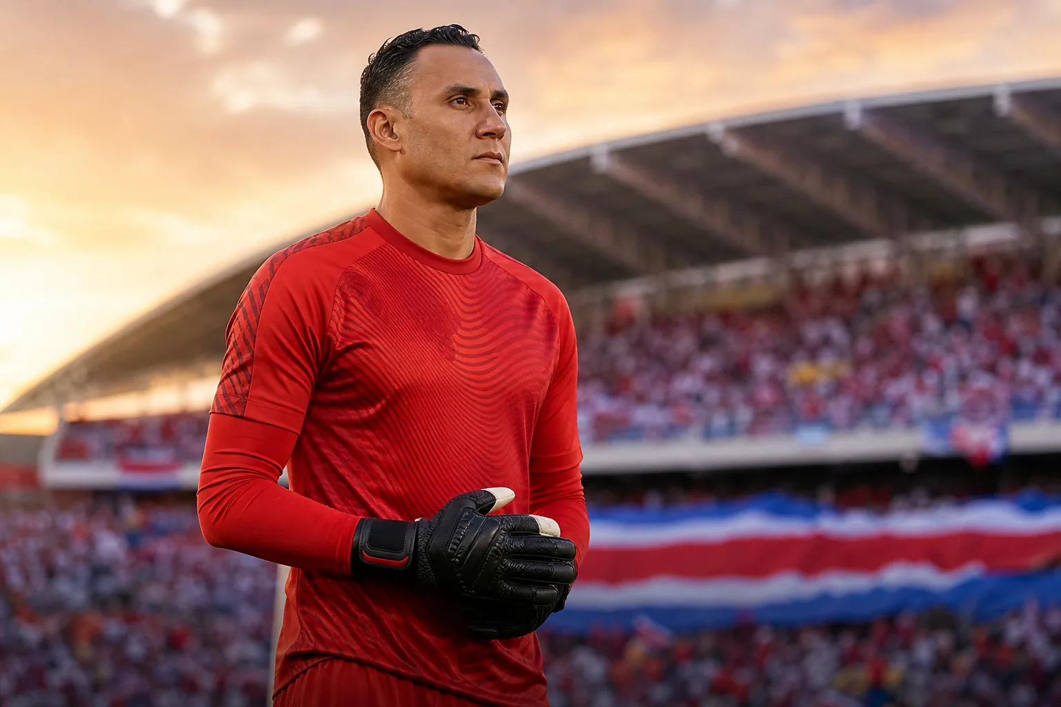 A fictional editorial portrait of Keylor Navas-inspired Costa Rican goalkeeper in a red national-team kit