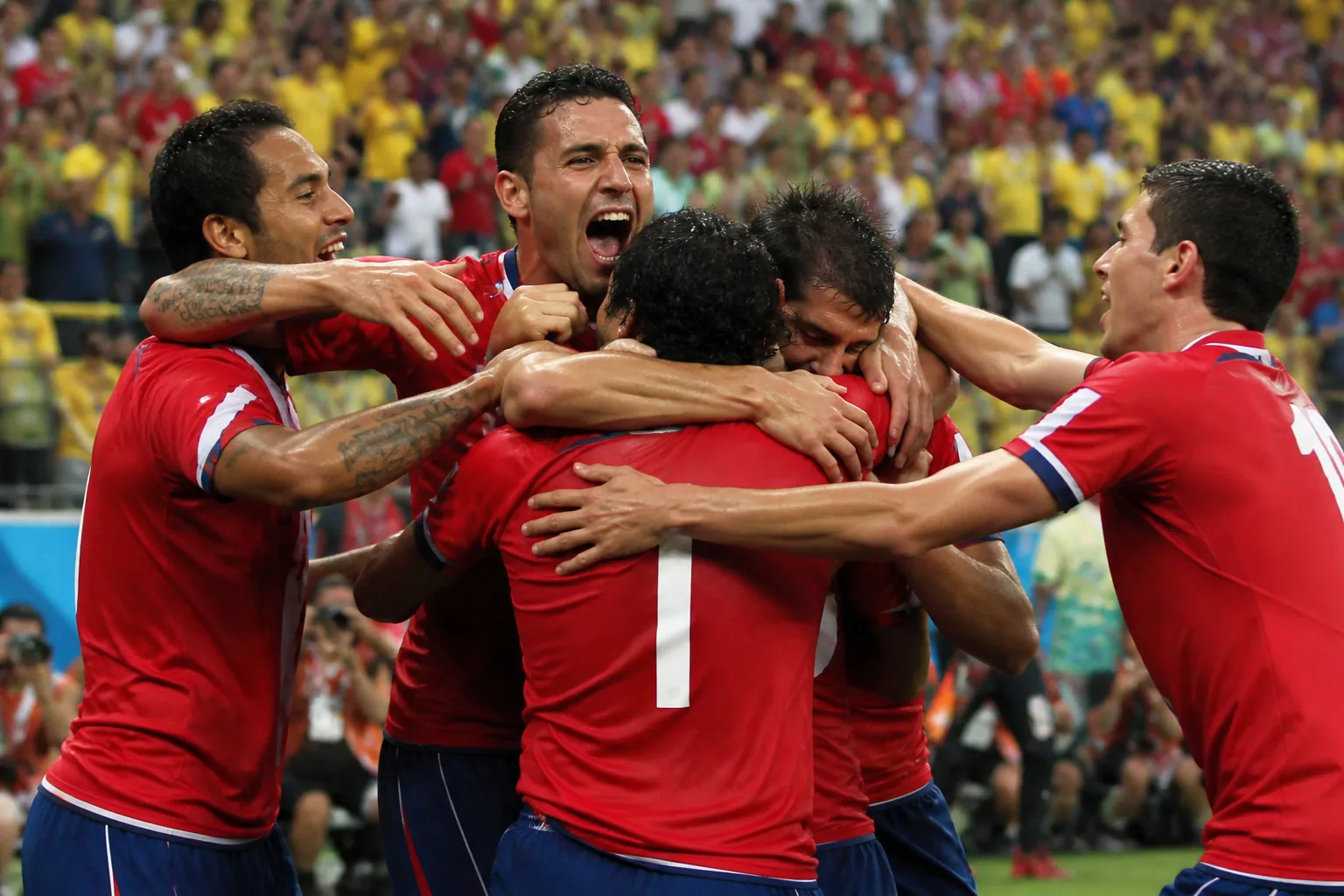 Costa Rica national football team preparing together in a red kit before a major tournament