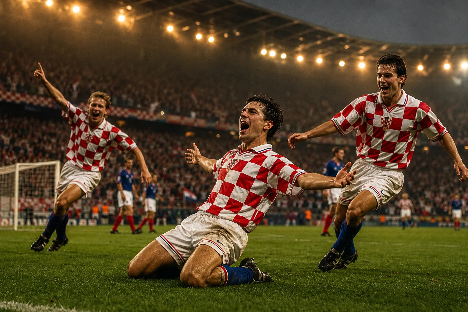 Fictional Croatian footballers celebrating a decisive World Cup goal in 1998