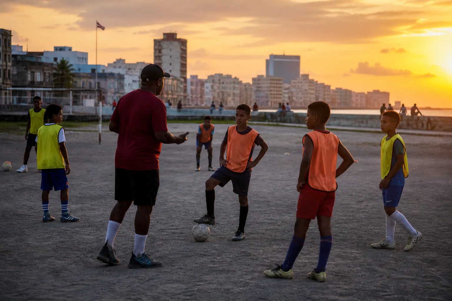 Young Cuban footballers training on a community pitch in Havana at sunset